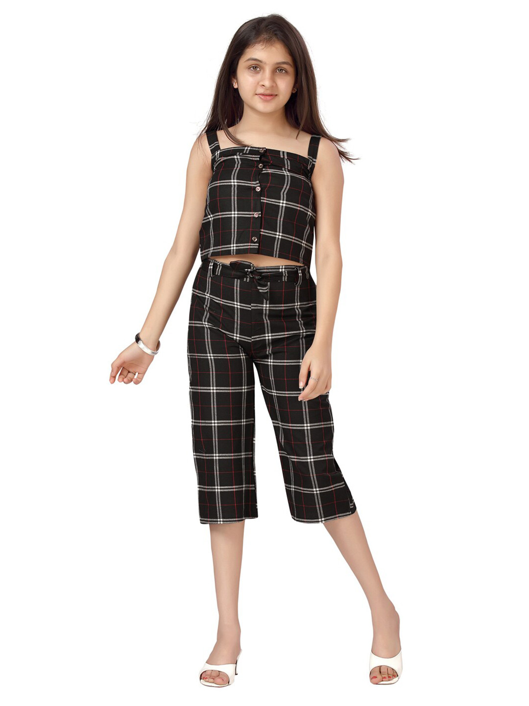 Aarika Girls Black Checked Pure Cotton Top & Capri
