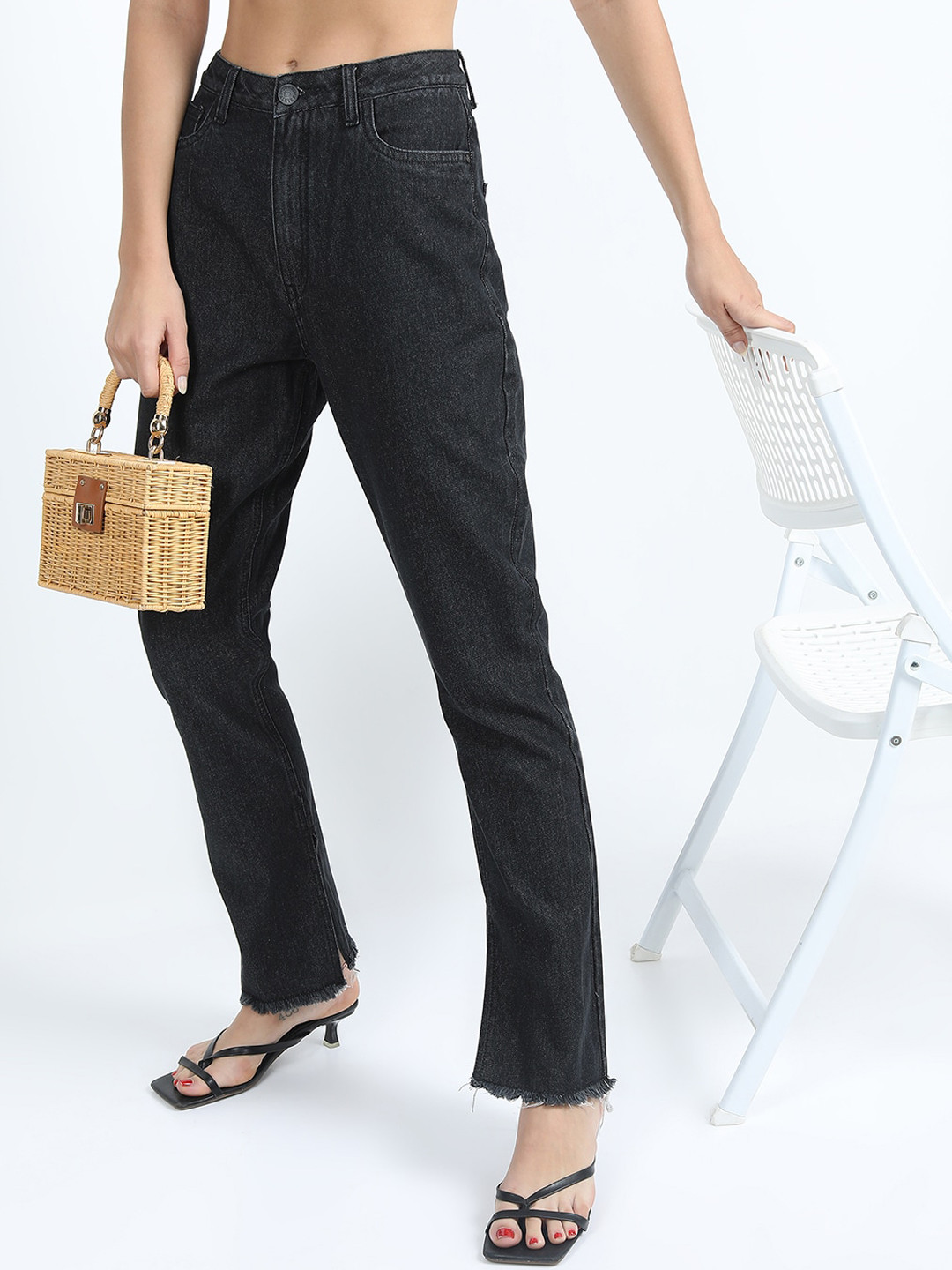 Tokyo Talkies Women Black Flared Highly Distressed Cotton Jeans