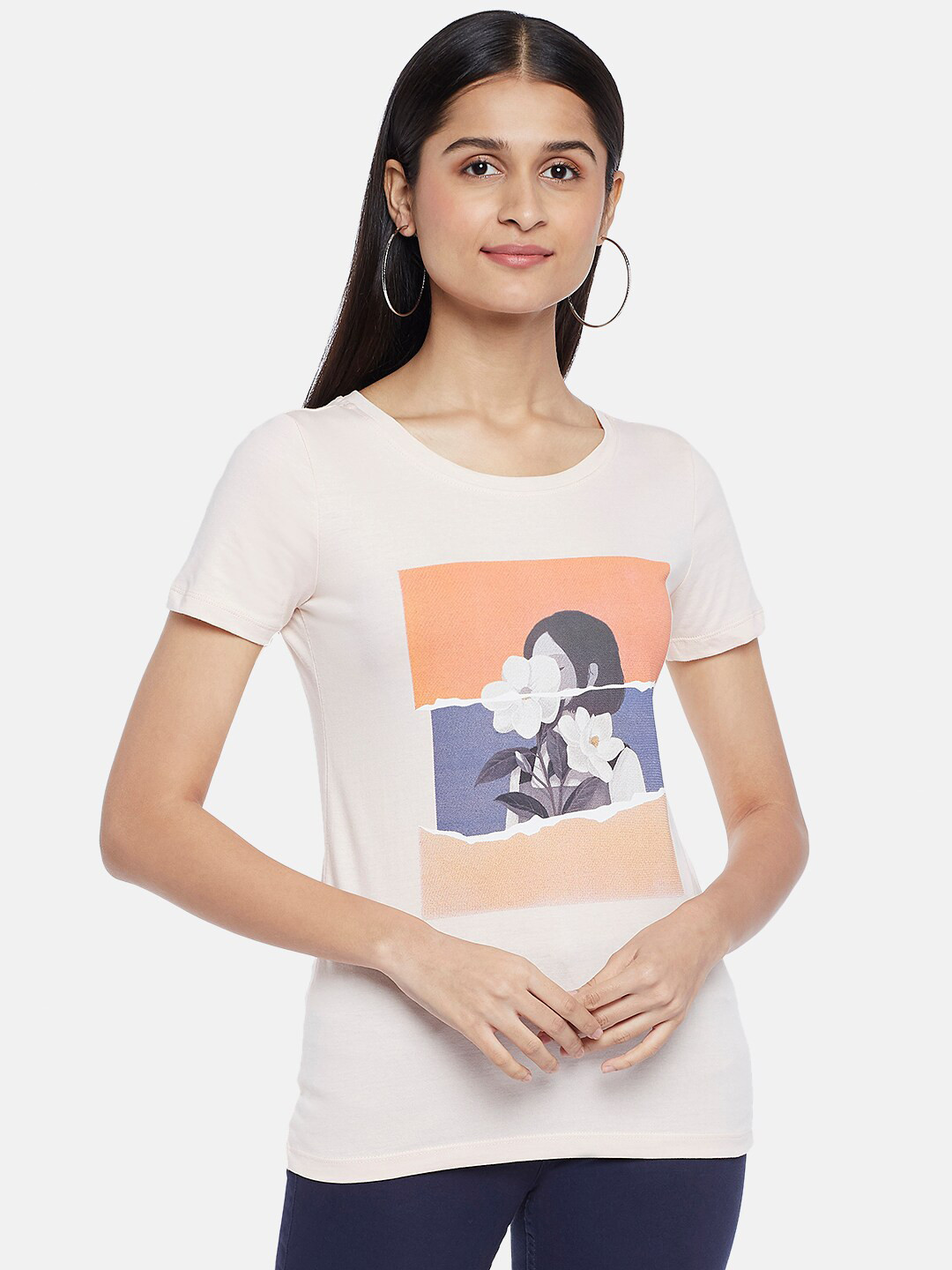 Honey by Pantaloons Women Beige Typography Printed Extended Sleeves Applique Running T-shirt