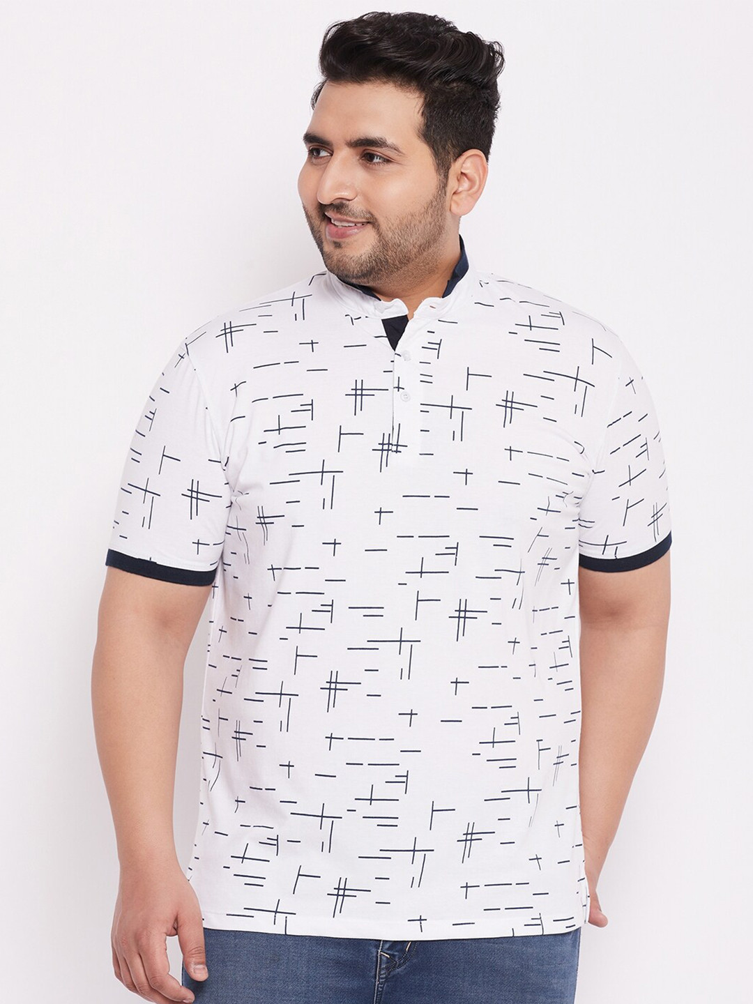 WILD WEST Plus Plus Size Men White Printed Mandarin Collar T-shirt
