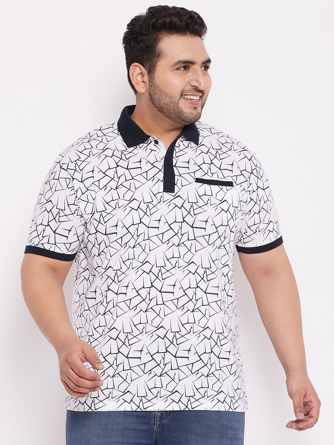 WILD WEST Plus Size Men White & Black Printed Polo Collar T-shirt