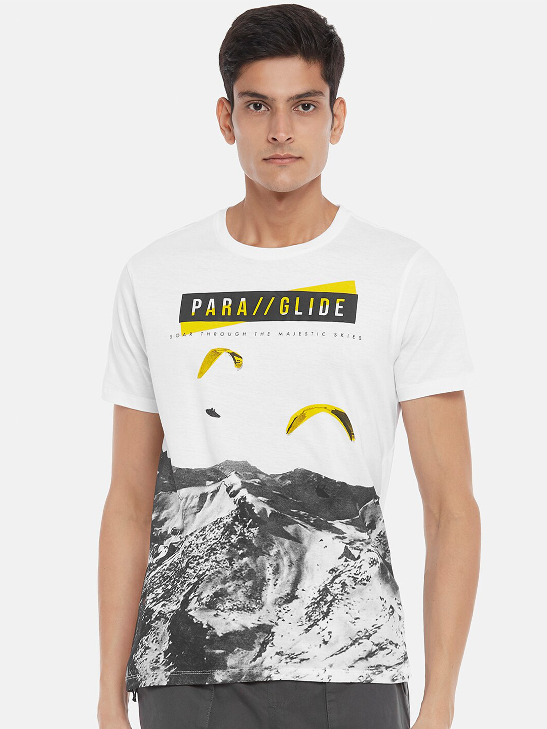 Urban Ranger by pantaloons Men White & Grey Printed Slim Fit Cotton T-shirt