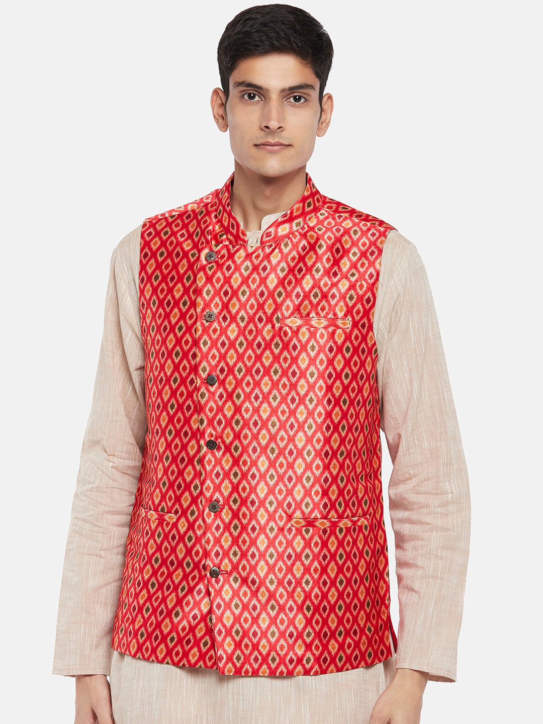 indus route by Pantaloons Men Coral Woven Design Nehru Jacket