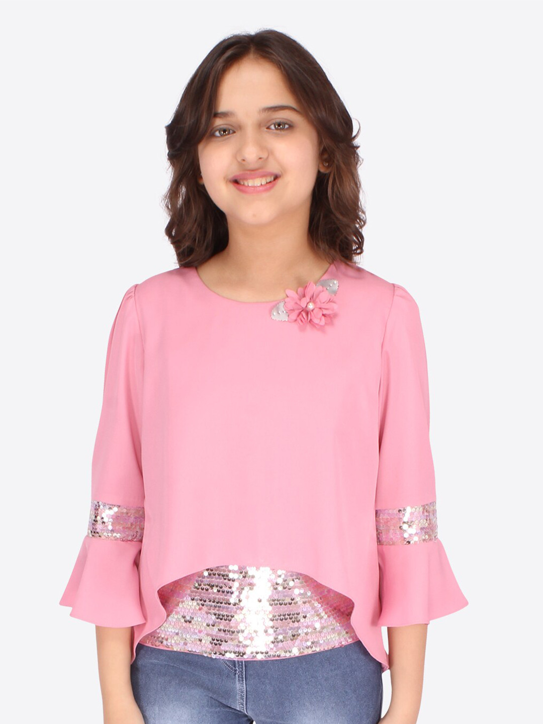 CUTECUMBER Pink Embellished Sequinned Georgette Top