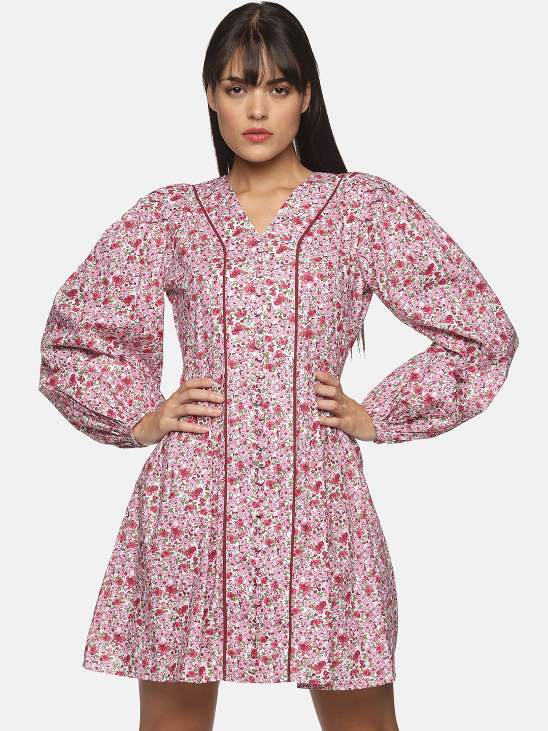 ISU Pink Floral Chiffon Balloon Sleeve A-Line Dress