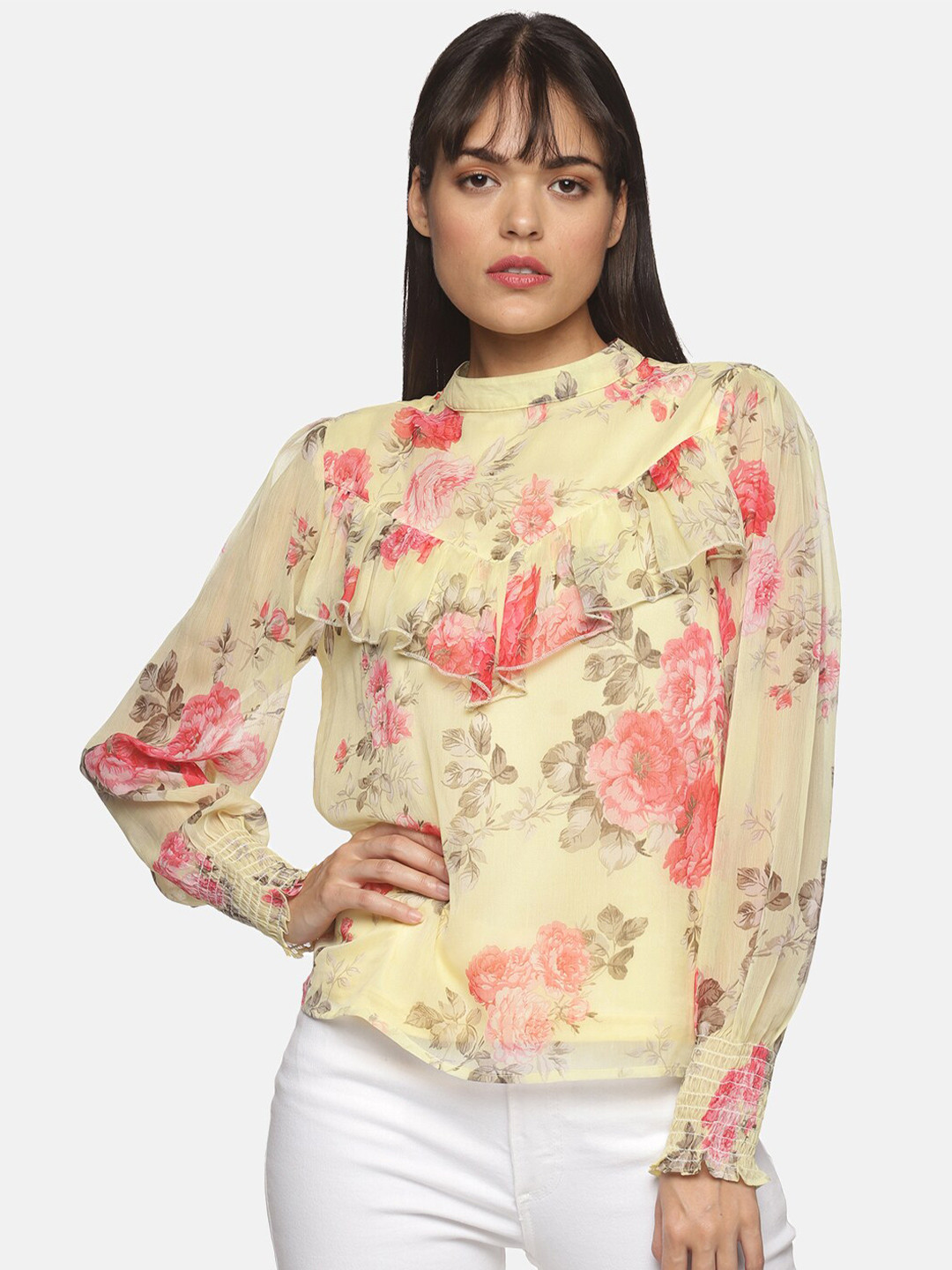 ISU Yellow & Pink Floral Print Chiffon Top