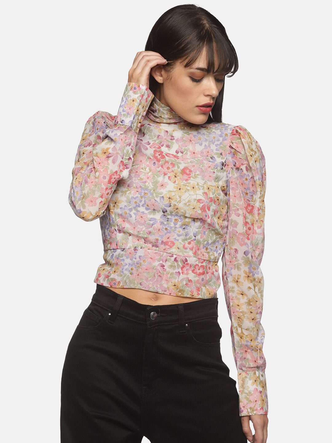 ISU Multicoloured Floral Print Chiffon Crop Top