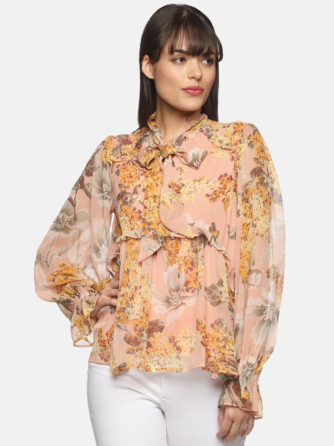 ISU Women Peach-Coloured Floral Print Tie-Up Neck Chiffon Top