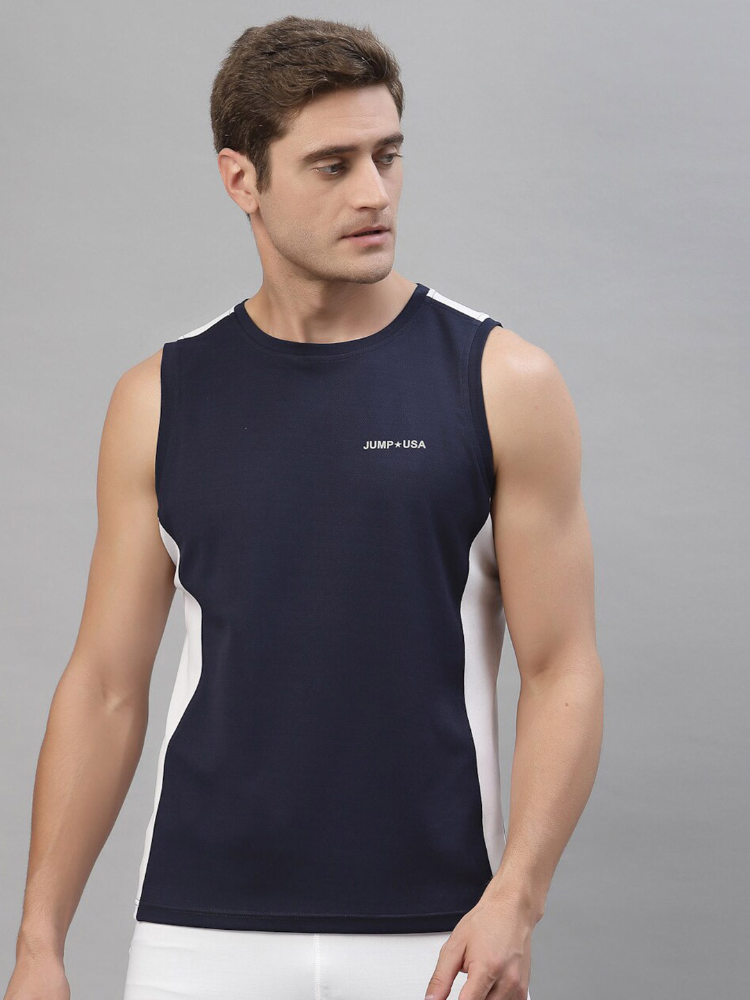 JUMP USA Men Navy Blue & White Colourblocked Rapid Dry Yoga T-shirt