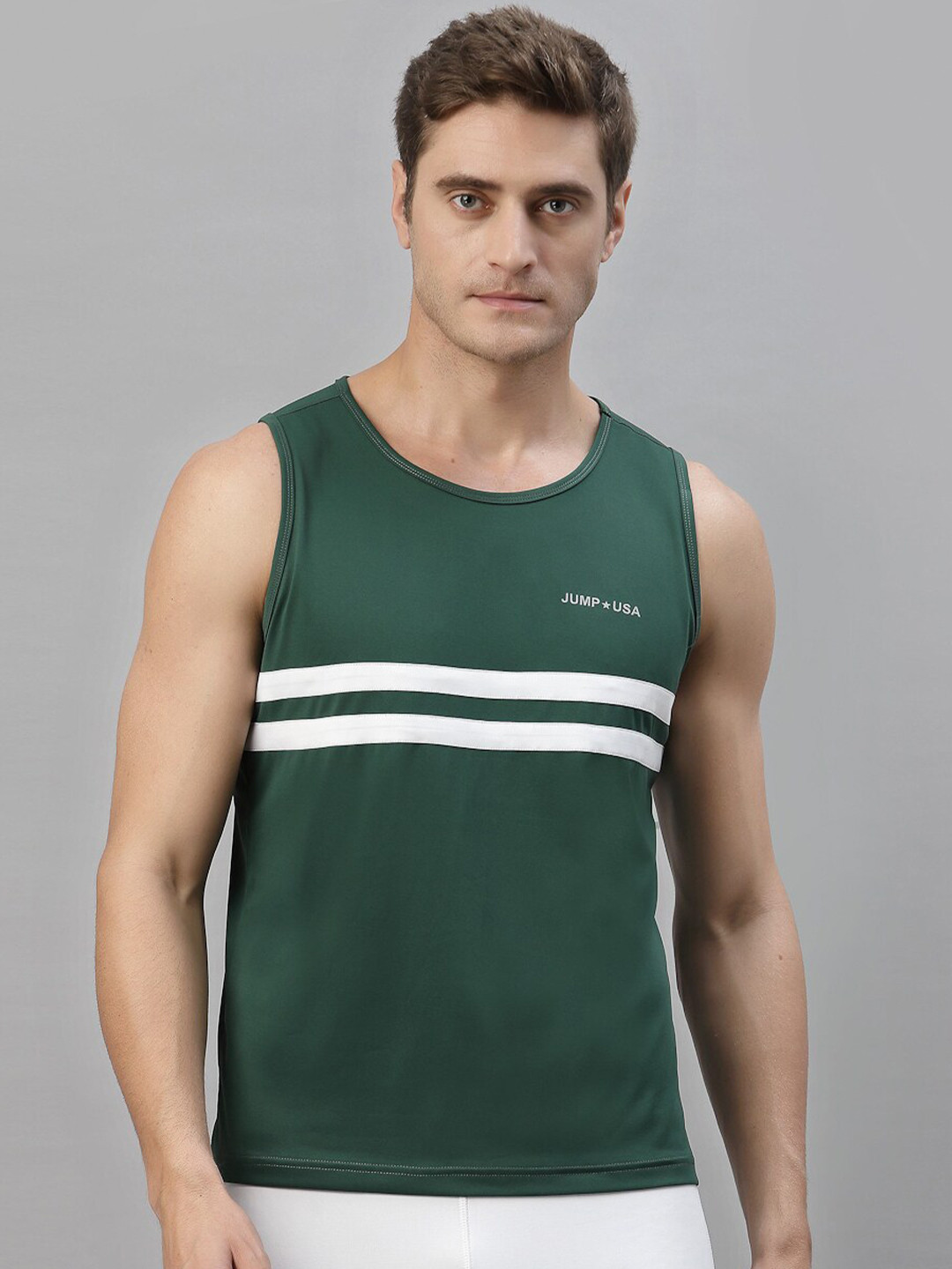 JUMP USA Men Green Typography Yoga Rapid Dry Training Tank T-Shirt