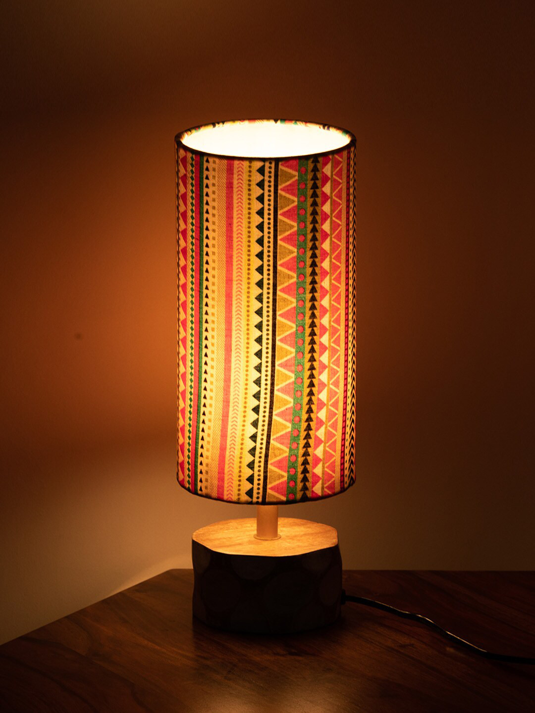ExclusiveLane Multicoloured Printed Mango Wooden Cylindrical Table Lamp with Shade
