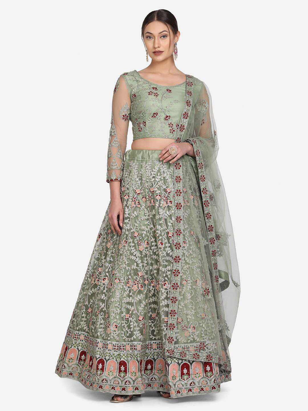Warthy Ent Sea Green & Red Embroidered Beads and Stones Semi-Stitched Lehenga & Unstitched Blouse With