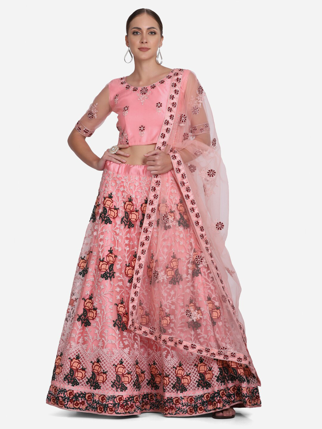 Warthy Ent Pink & Black Embroidered Thread Work Semi-Stitched Lehenga & Unstitched Blouse With Dupatta