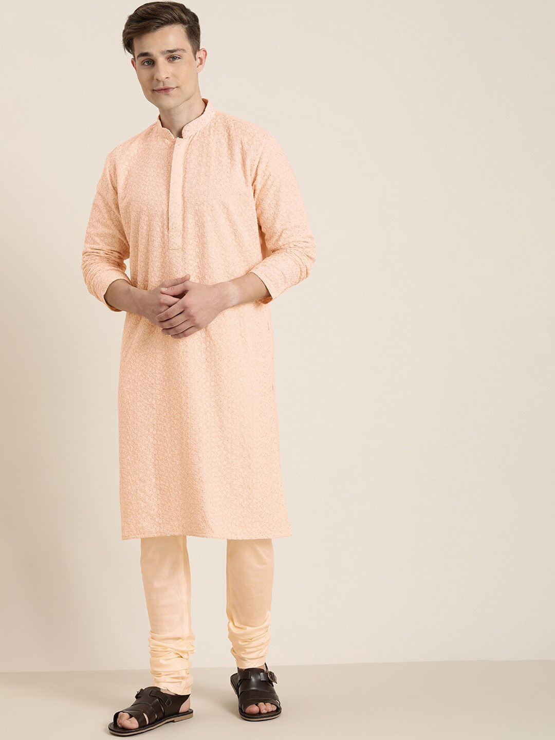 VASTRAMAY Men Pink Embroidered Chikankari Georgette Kurta with Churidar