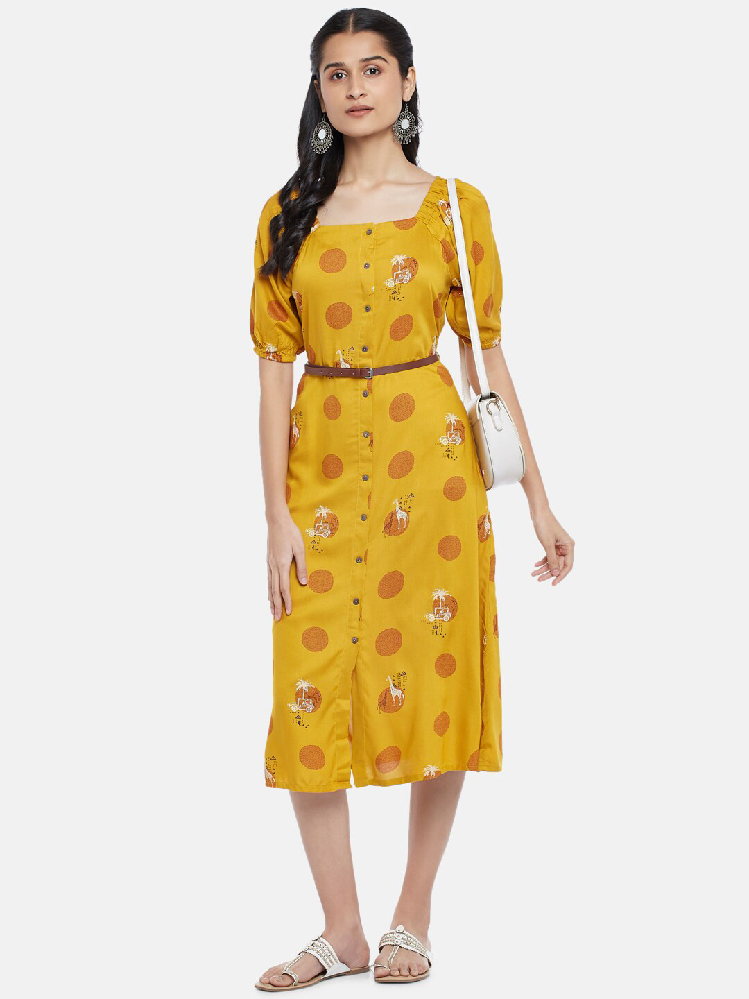 AKKRITI BY PANTALOONS Mustard Yellow & White Belted A-Line Midi Dress