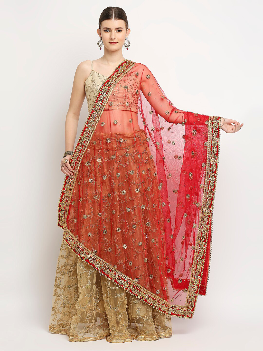 Dupatta Bazaar Women Red & Gold-Toned Embroidered Net Dupatta