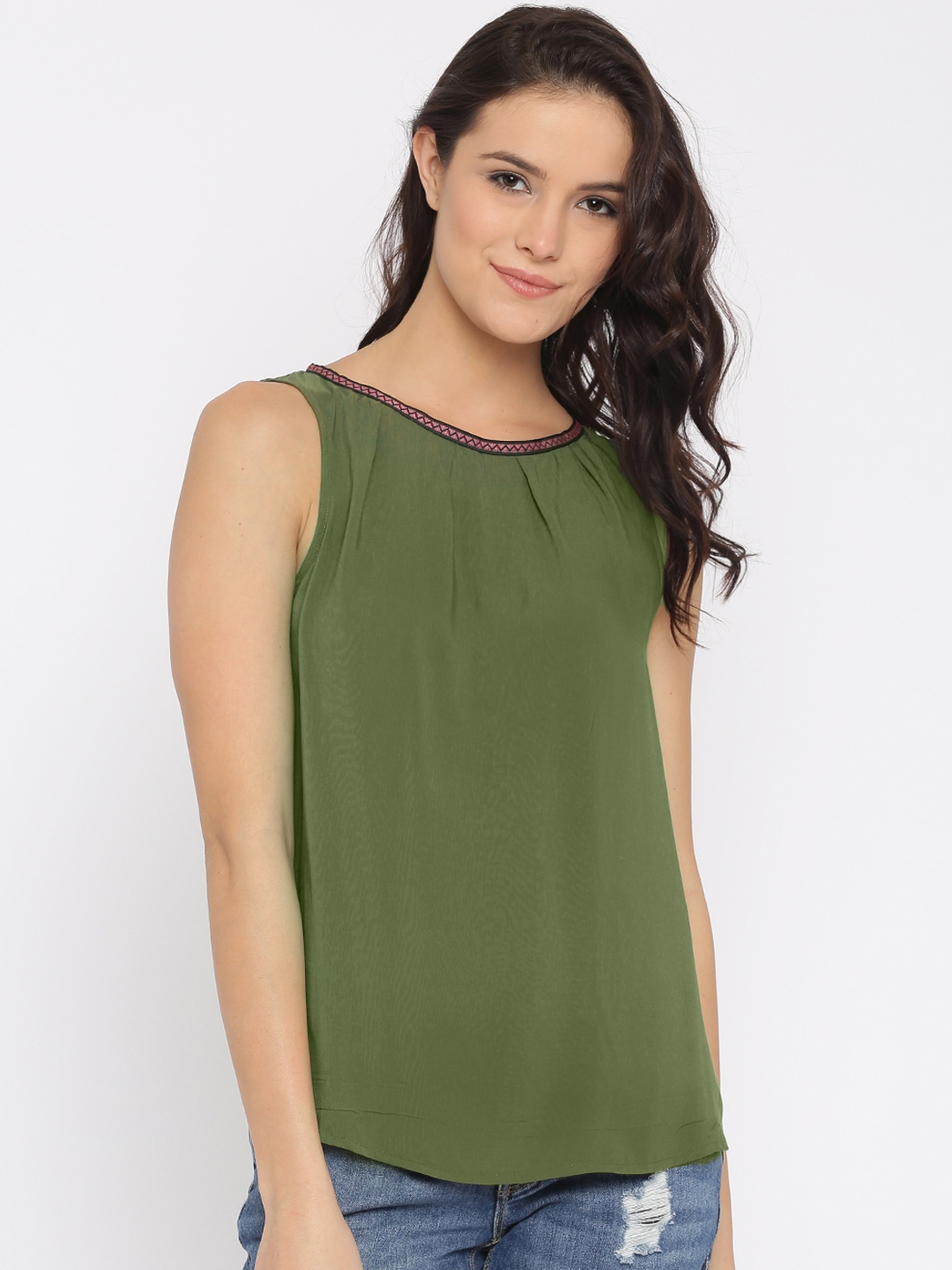 Vero Moda Women Olive Green Solid Sleeveless Top