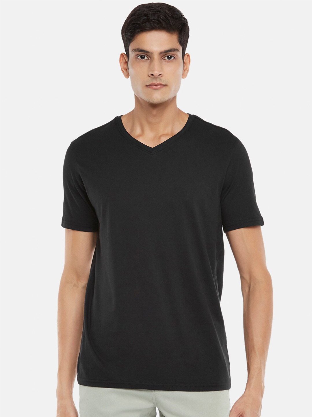 BYFORD by Pantaloons Men Black V-Neck Cotton T-shirt