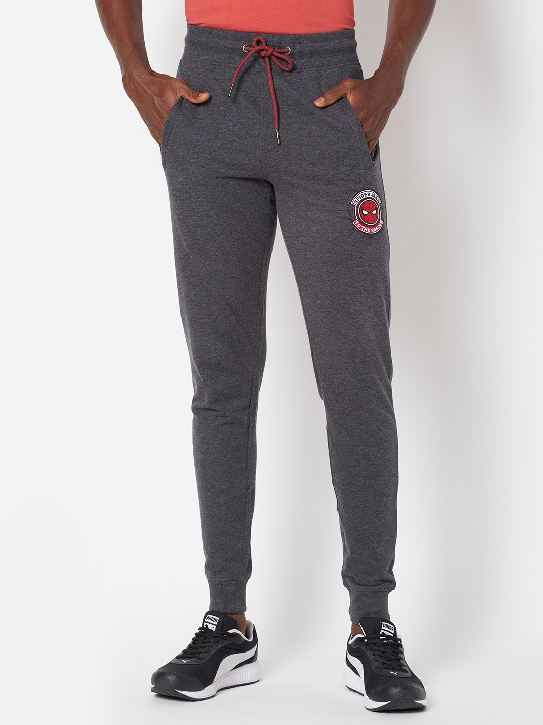 Sporto Men Grey Melange Spider Man Applique Track Pants