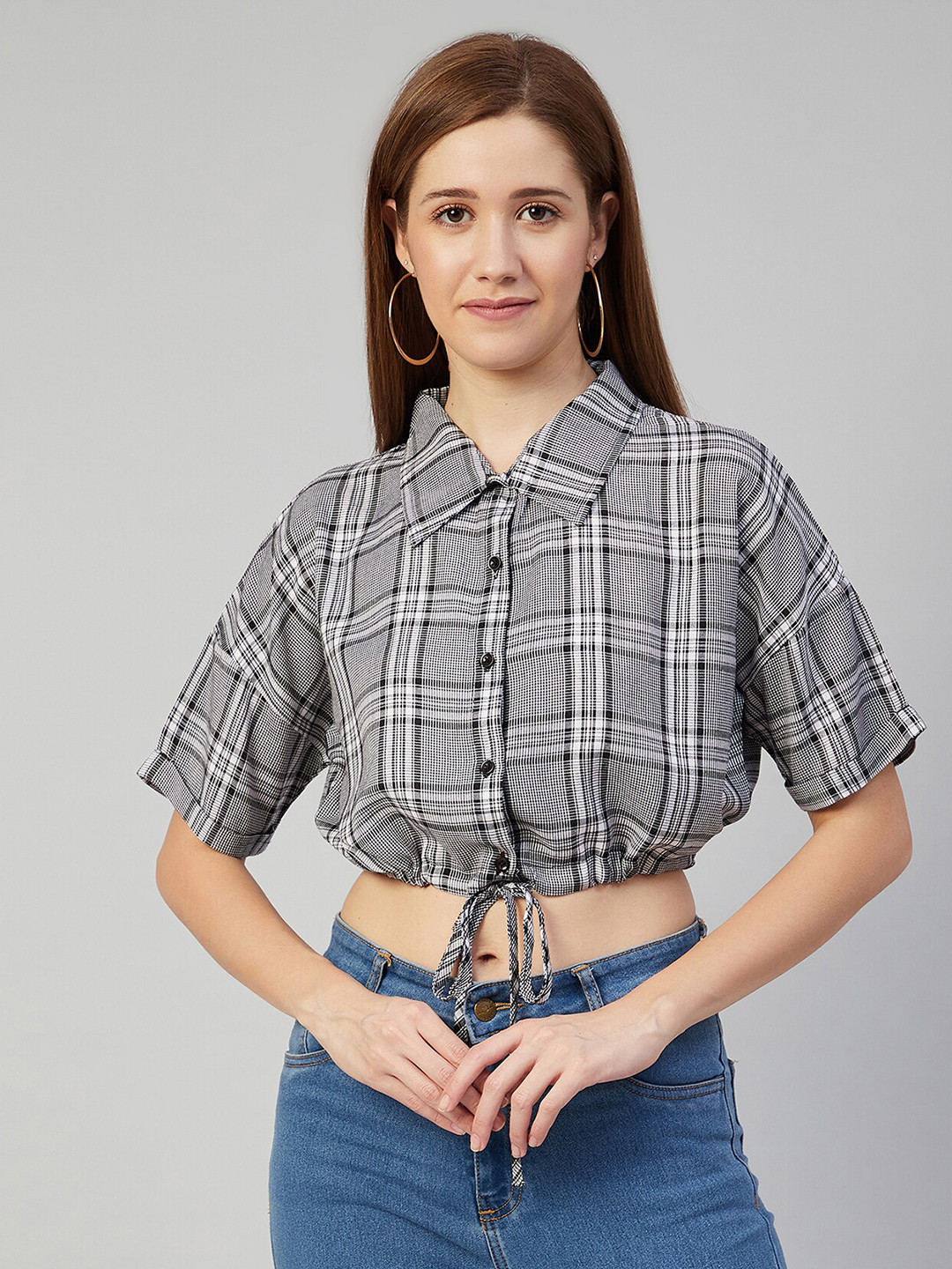 CHIMPAAANZEE Women Black Boxy Tartan Checks Checked Crop Casual Shirt