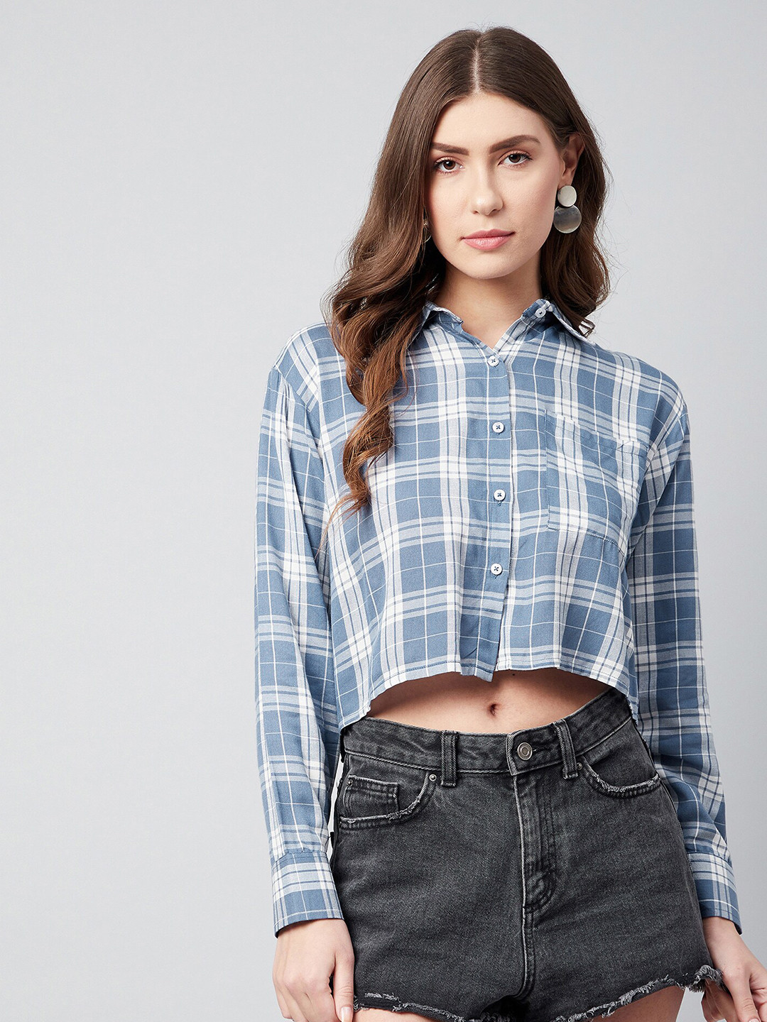 CHIMPAAANZEE Women Blue Boxy Tartan Checks Checked Casual Shirt