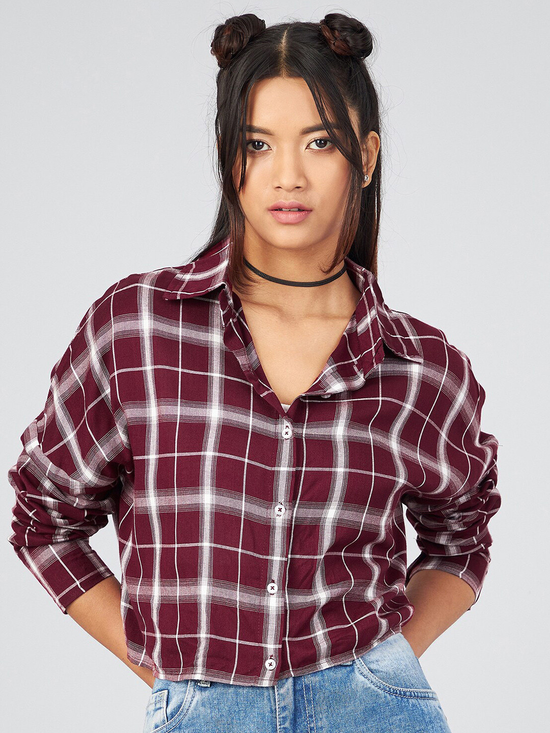 CHIMPAAANZEE Women Maroon Boxy Tartan Checks Casual Shirt