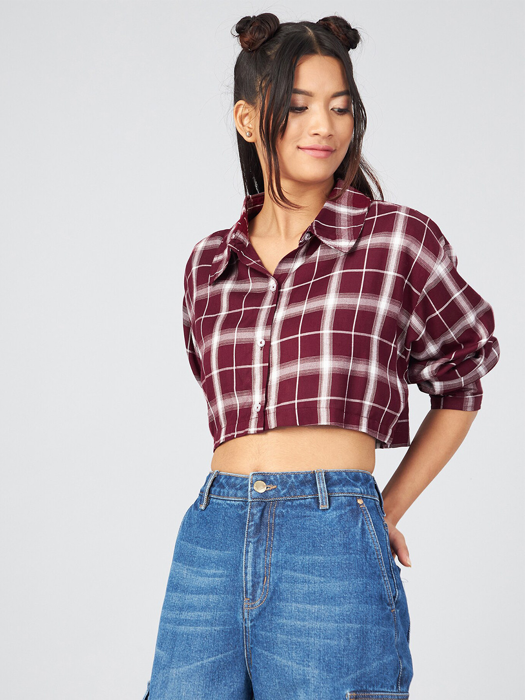 CHIMPAAANZEE Women Maroon Boxy Tartan Checked Crop Casual Shirt