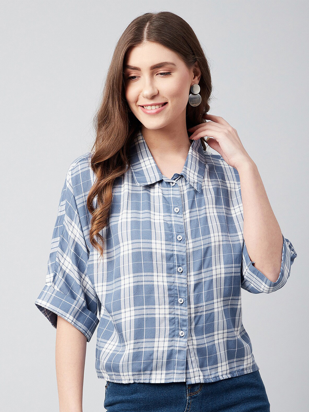 CHIMPAAANZEE Women Blue Tartan Checks Boxy Fit Crop Shirt
