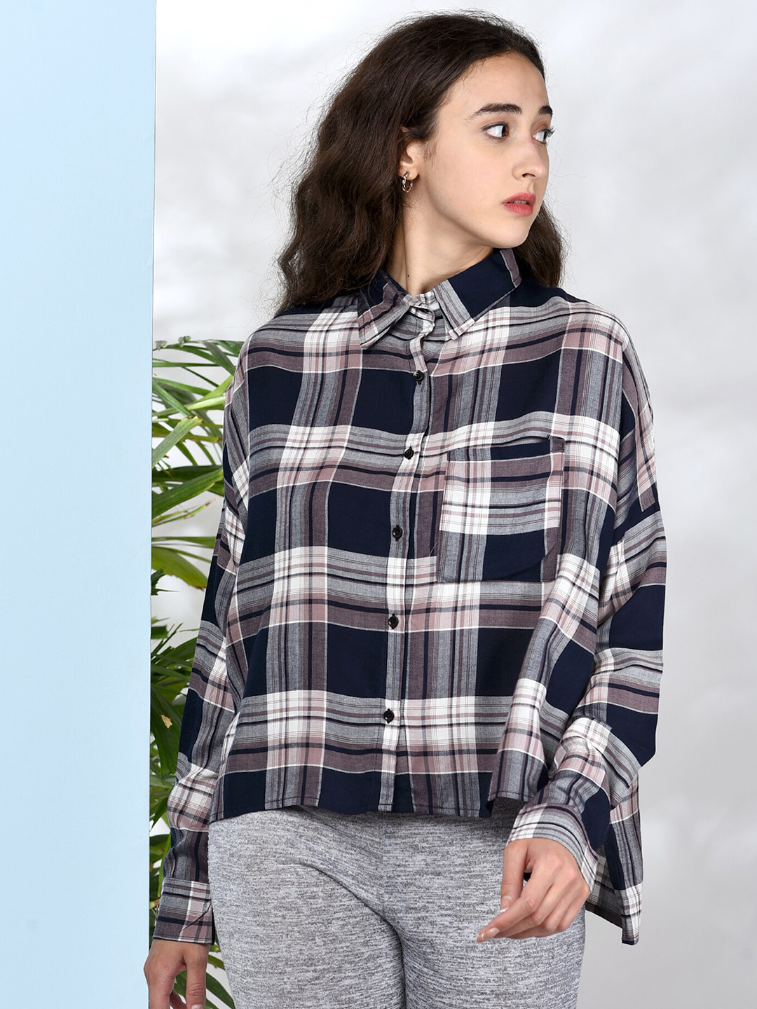 CHIMPAAANZEE Women Pink & Navy Blue Oversized Tartan Checked Casual Shirt