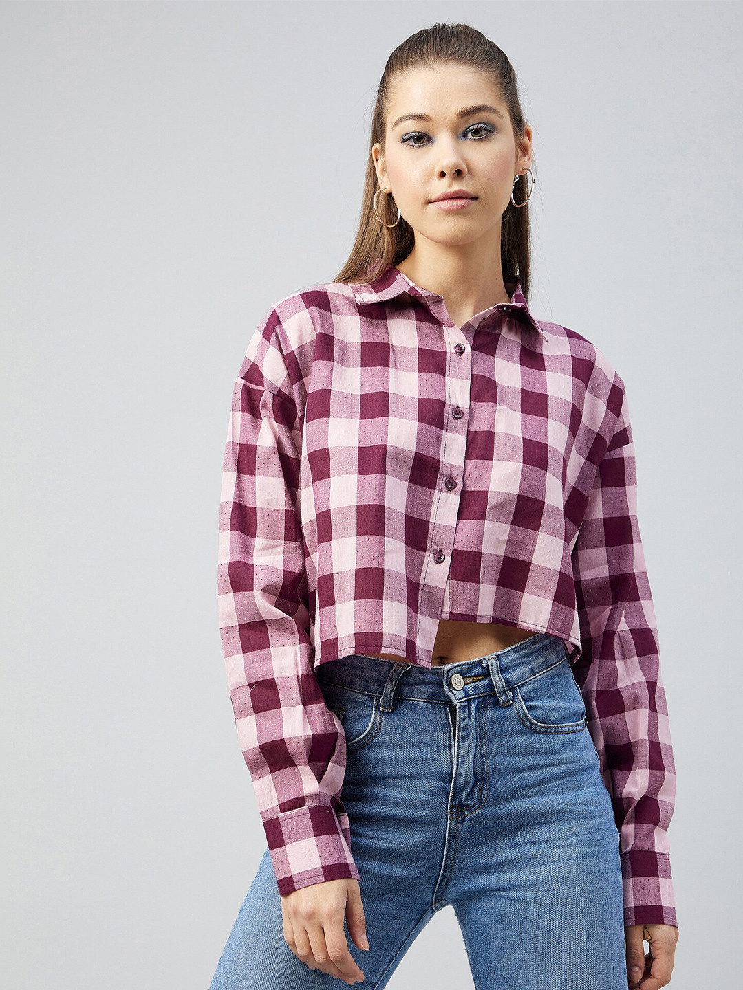 CHIMPAAANZEE Women Purple Boxy Gingham Checks Casual Shirt