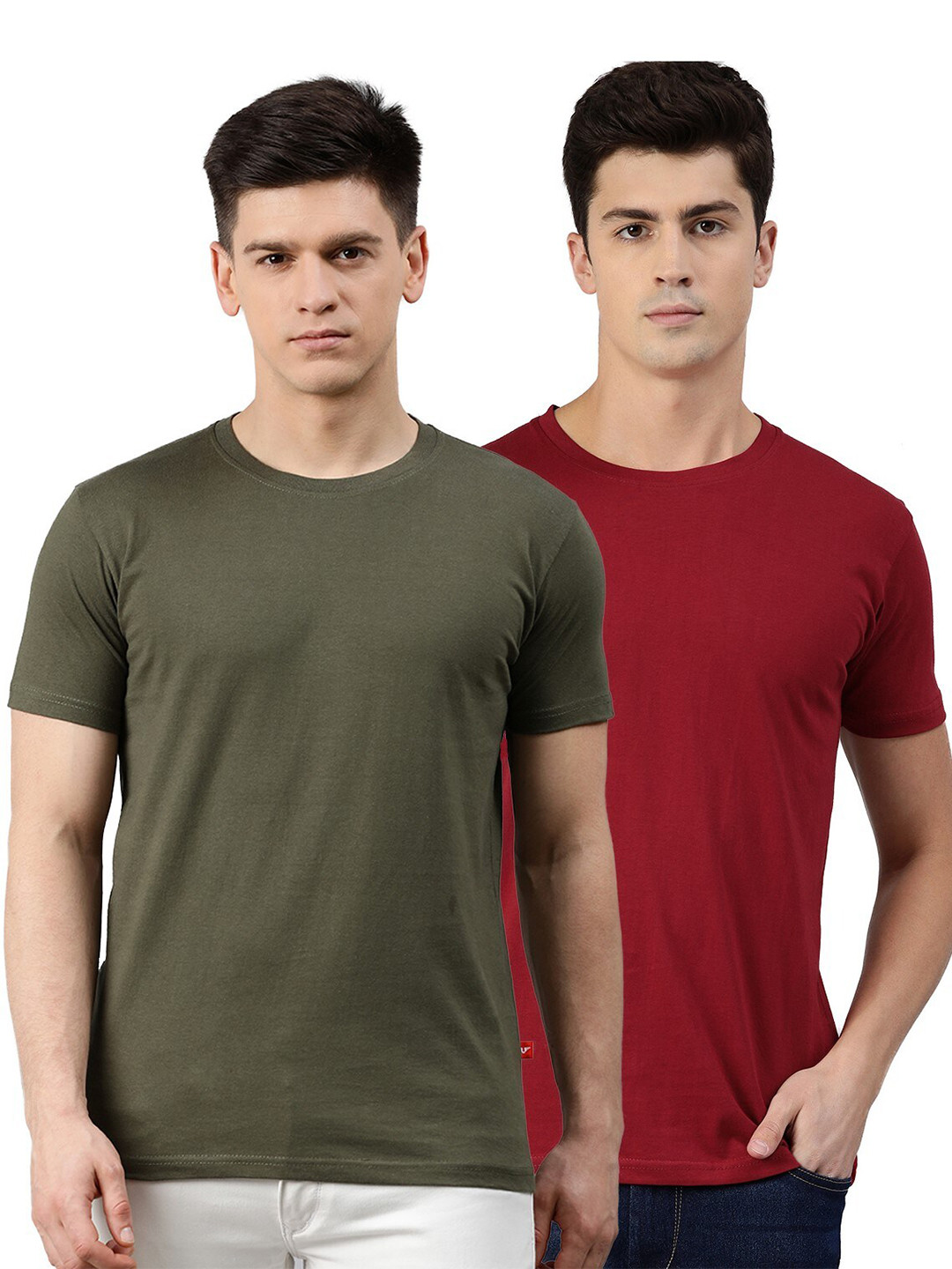 UNSULLY Men Olive Green & Maroon Pack of 2 Cotton Training or Gym T-shirt