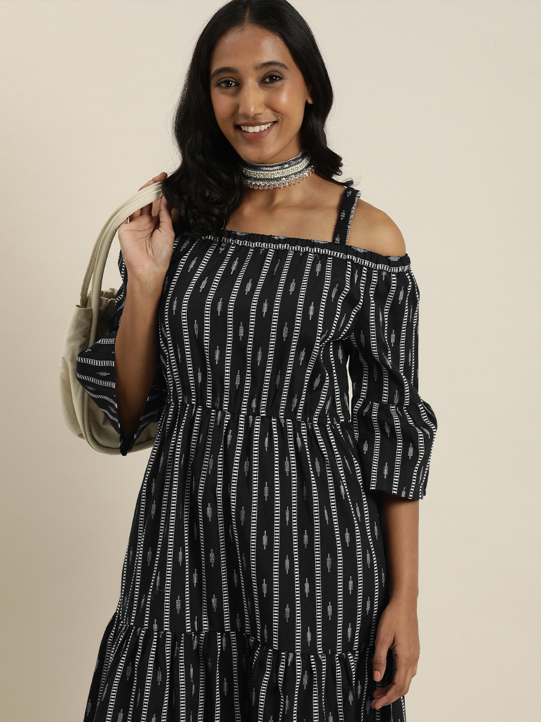 Taavi Black Handblock Ethnic Motifs Tiered Midi Dress