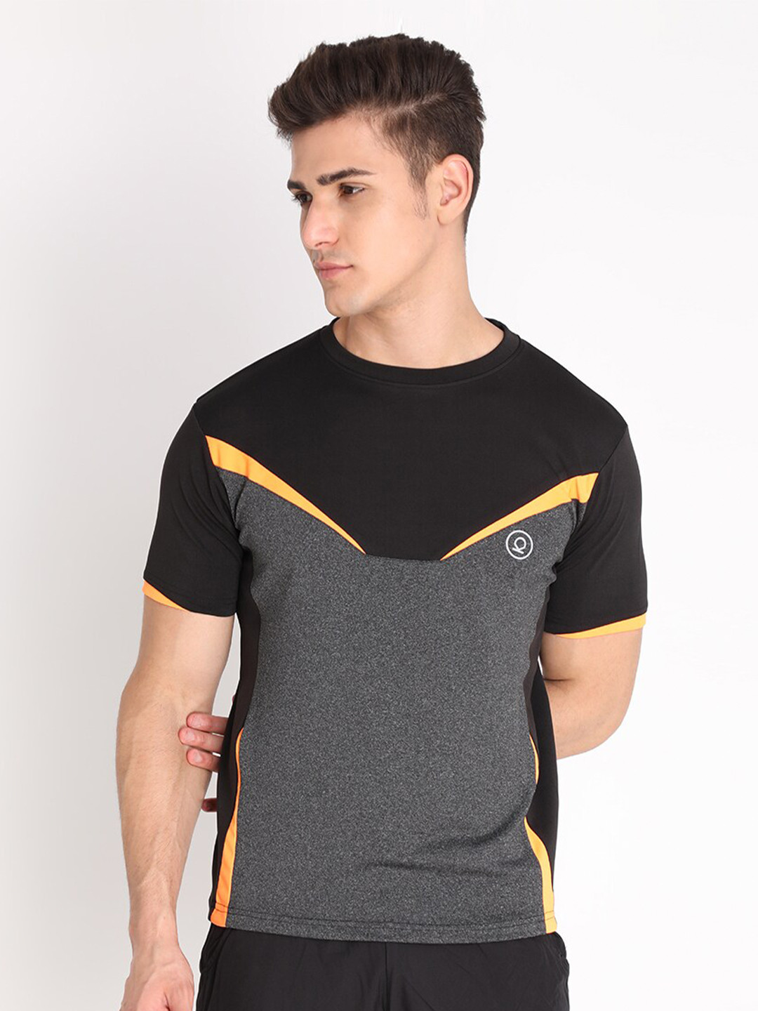 CHKOKKO Men Black & Orange Training or Gym T-shirt