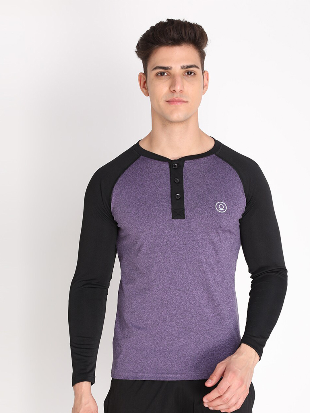 CHKOKKO Men Purple & Black Colourblocked Henley Neck Outdoor Sports T-shirt