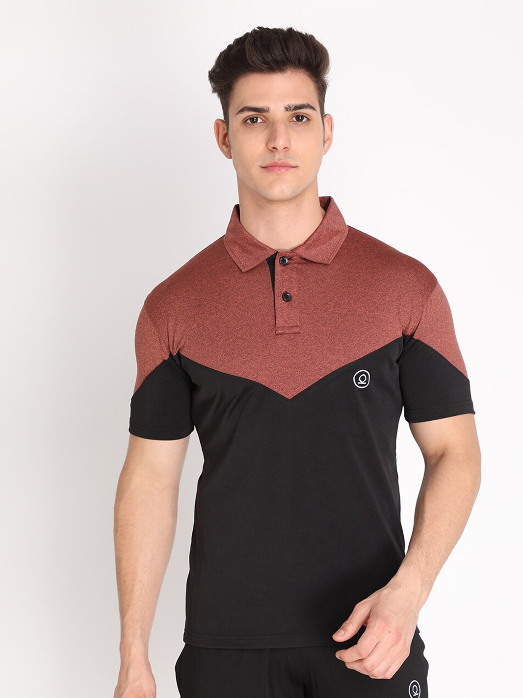 CHKOKKO Men Rust Black Colourblocked Outdoor Gym Polo Collar Regular Fit T-shirt