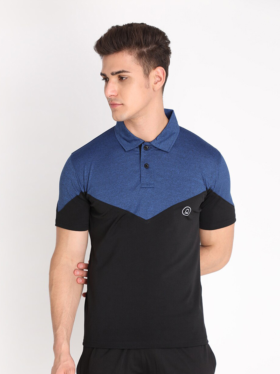 Chkokko Men Black & Blue Colourblocked Polo Collar Training or Gym T-shirt