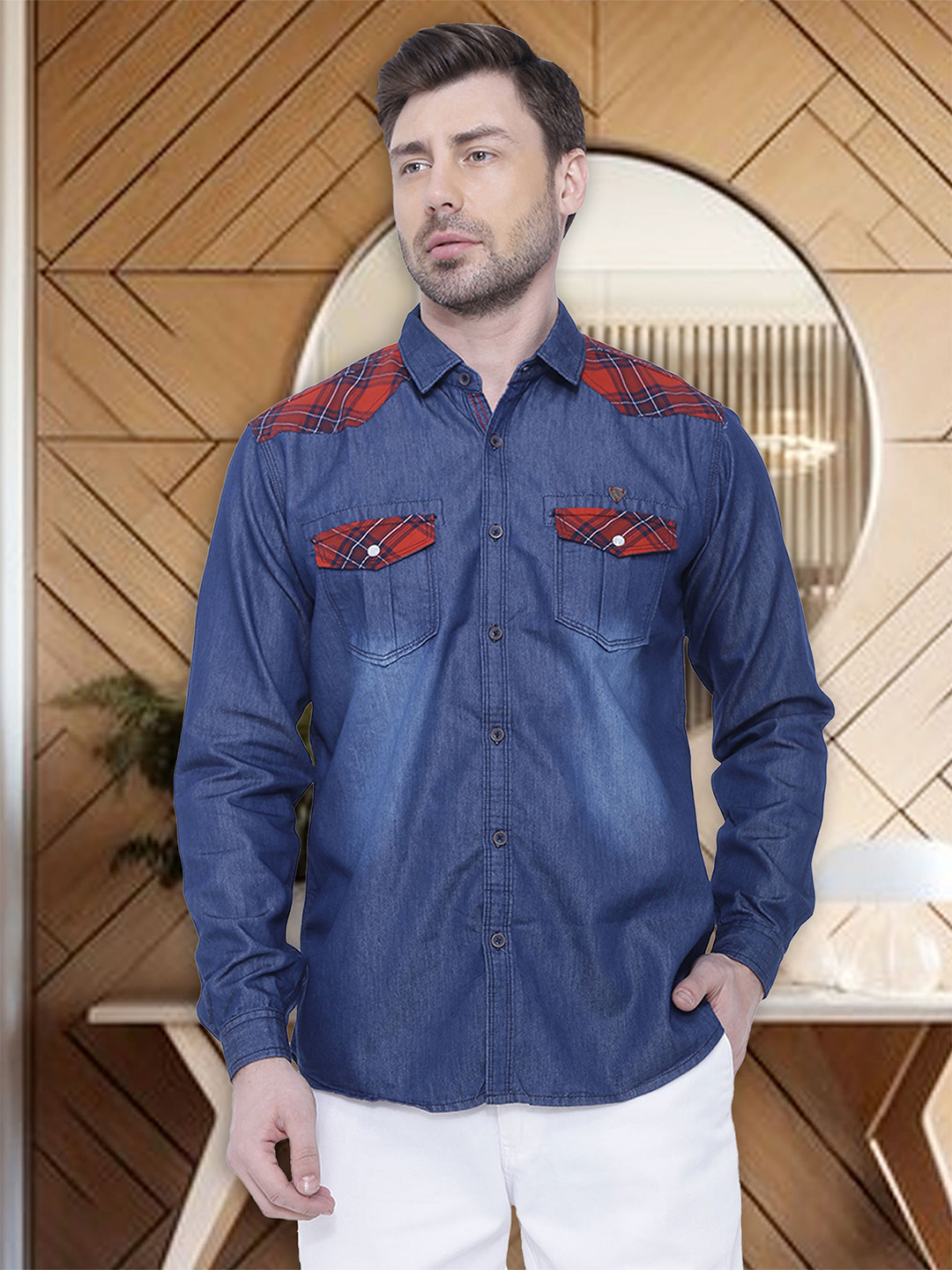 Kuons Avenue Men Navy Blue & Maroon Smart Slim Fit Denim Shirt