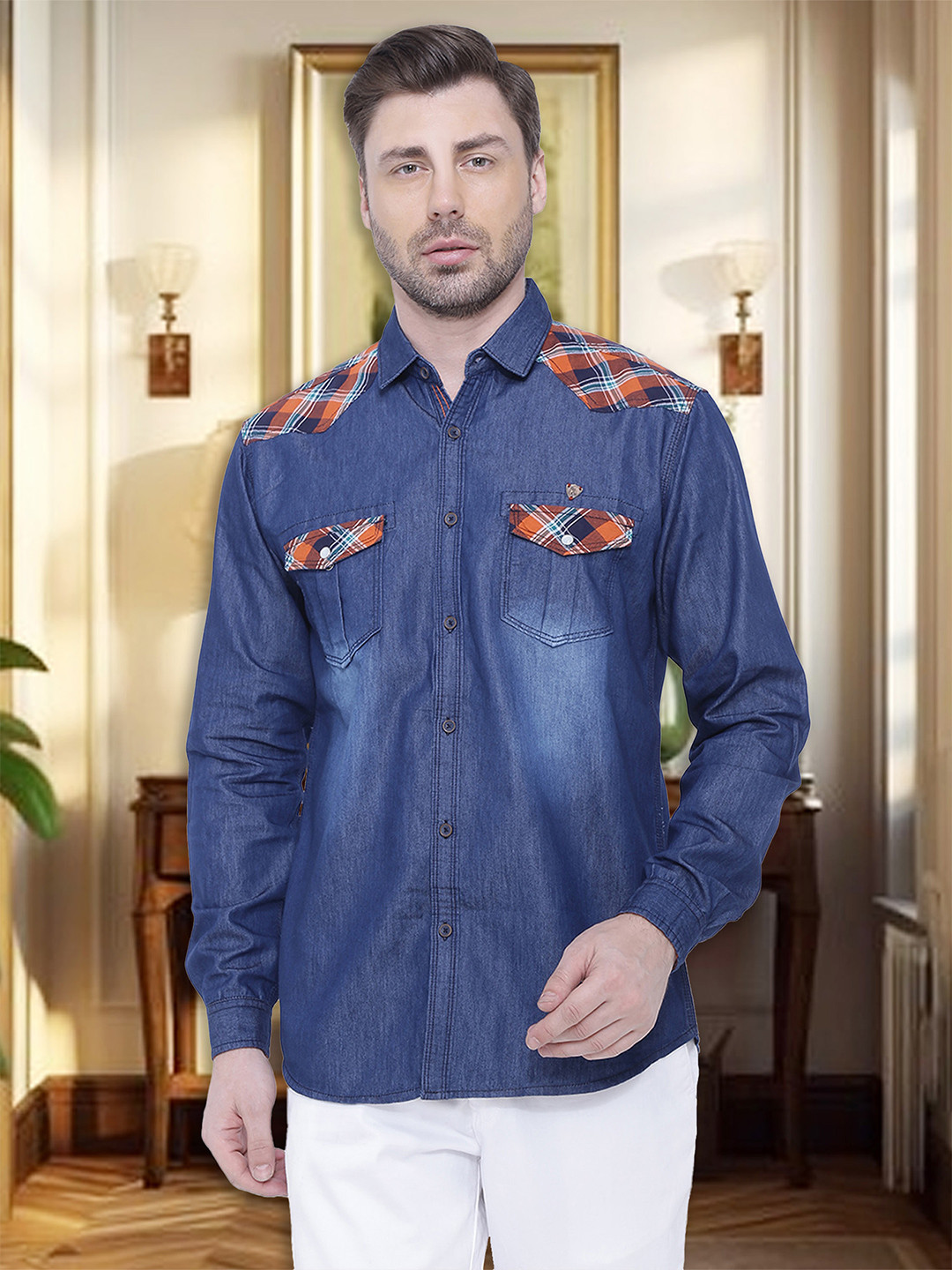 Kuons Avenue Men Orange Smart Slim Fit Casual Denim Shirt