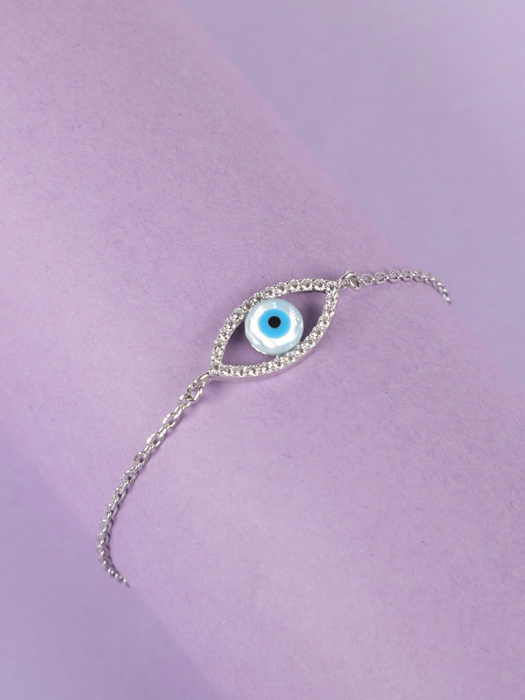 Clara Women Blue & Silver-Toned Rhodium-Plated Evil Eye Halo CZ-Studded Charm Bracelet