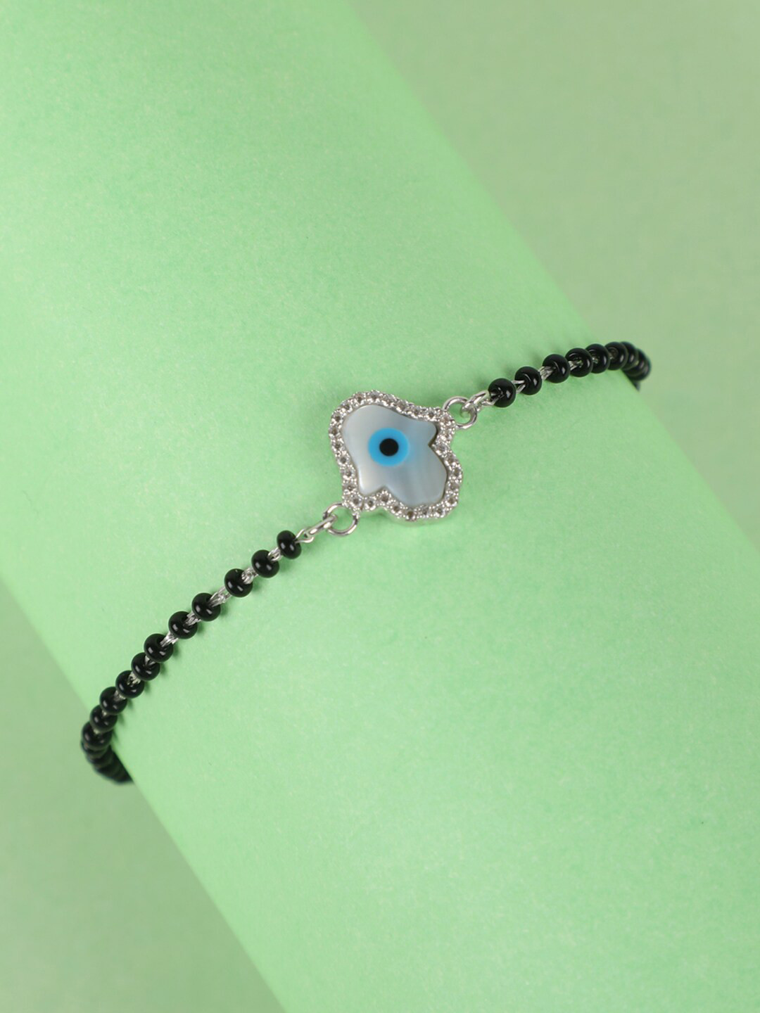 Clara Black & Silver-Toned Rhodium-Plated Evil Eye Mangalsutra CZ Charm Bracelet