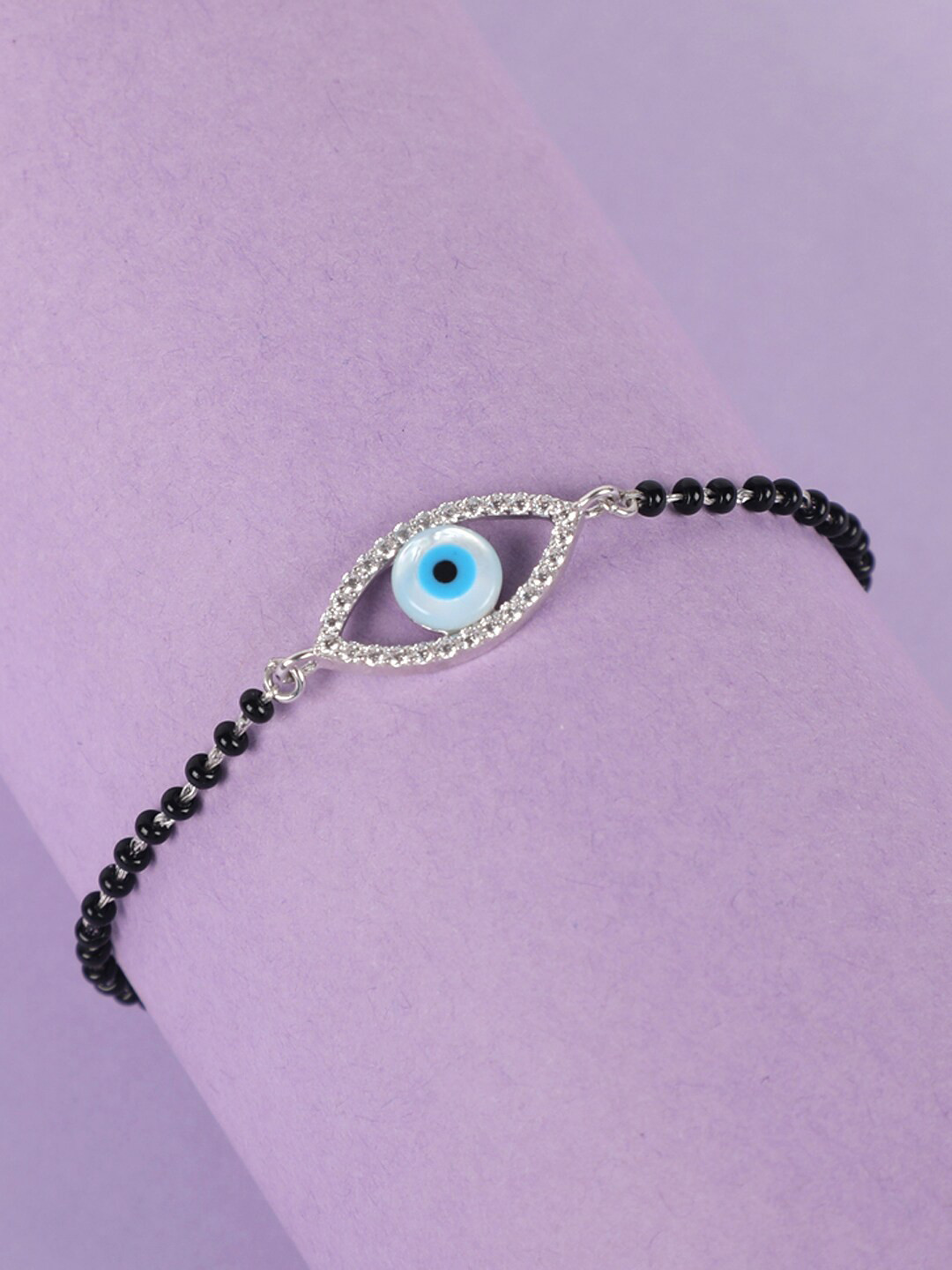 Clara Women Silver-Toned & Black Rhodium-Plated Evil Eye Mangalsutra Bracelet
