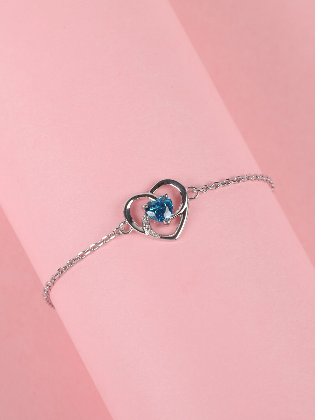 Clara Women Silver-Toned & Blue Sterling Silver Rhodium-Plated Heart Solitaire Bracelet