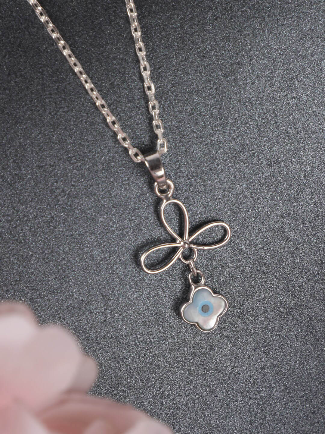 Clara Silver-Toned & White CZ Studded Rhodium-Plated Evil Eye Pendant With Chain