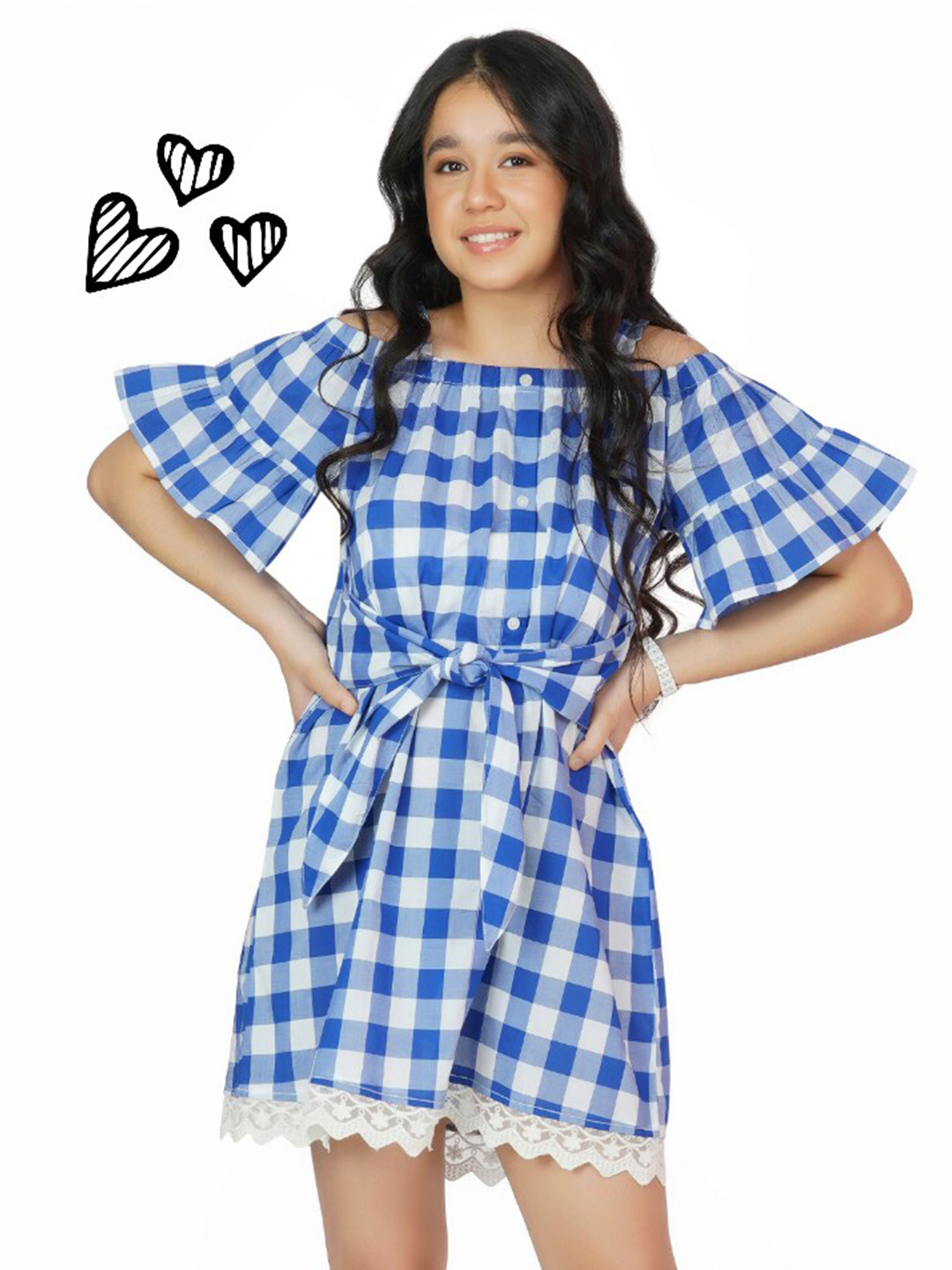 Dress My Angel Girls Blue Checked Off-Shoulder A-Line Cotton Dresses