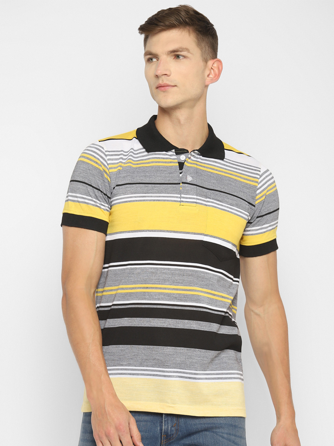 Routeen Men Yellow Striped Polo Collar Slim Fit Cotton T-shirt