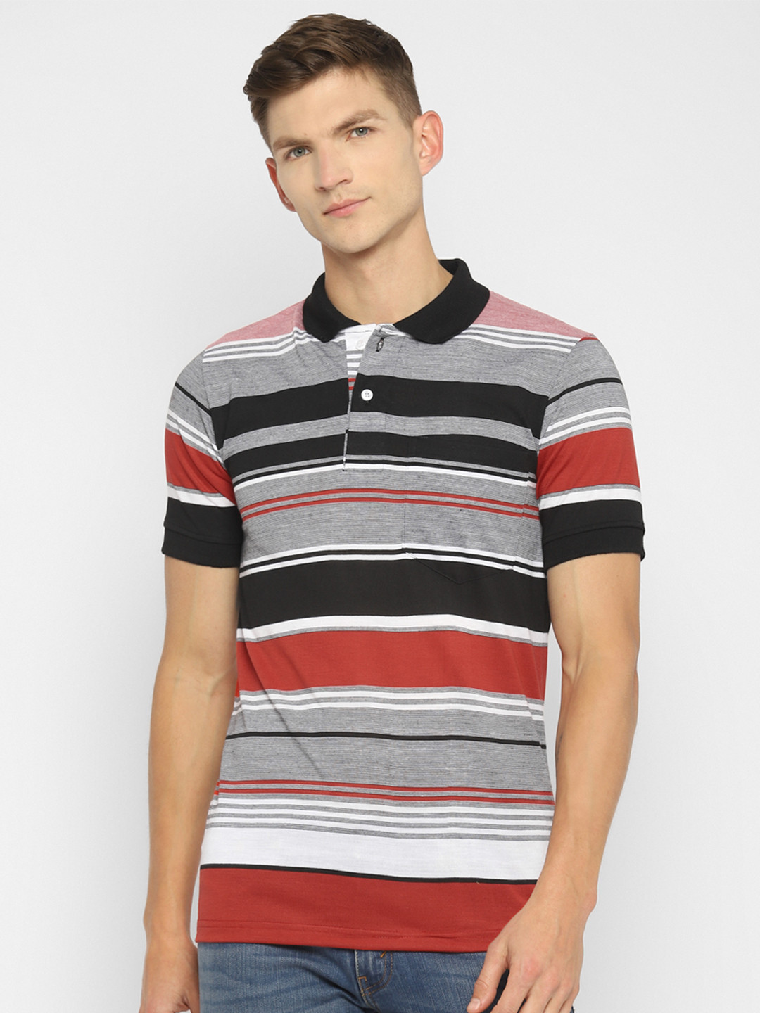 Routeen Men Grey & Black Striped Polo Collar Slim Fit Cotton T-shirt