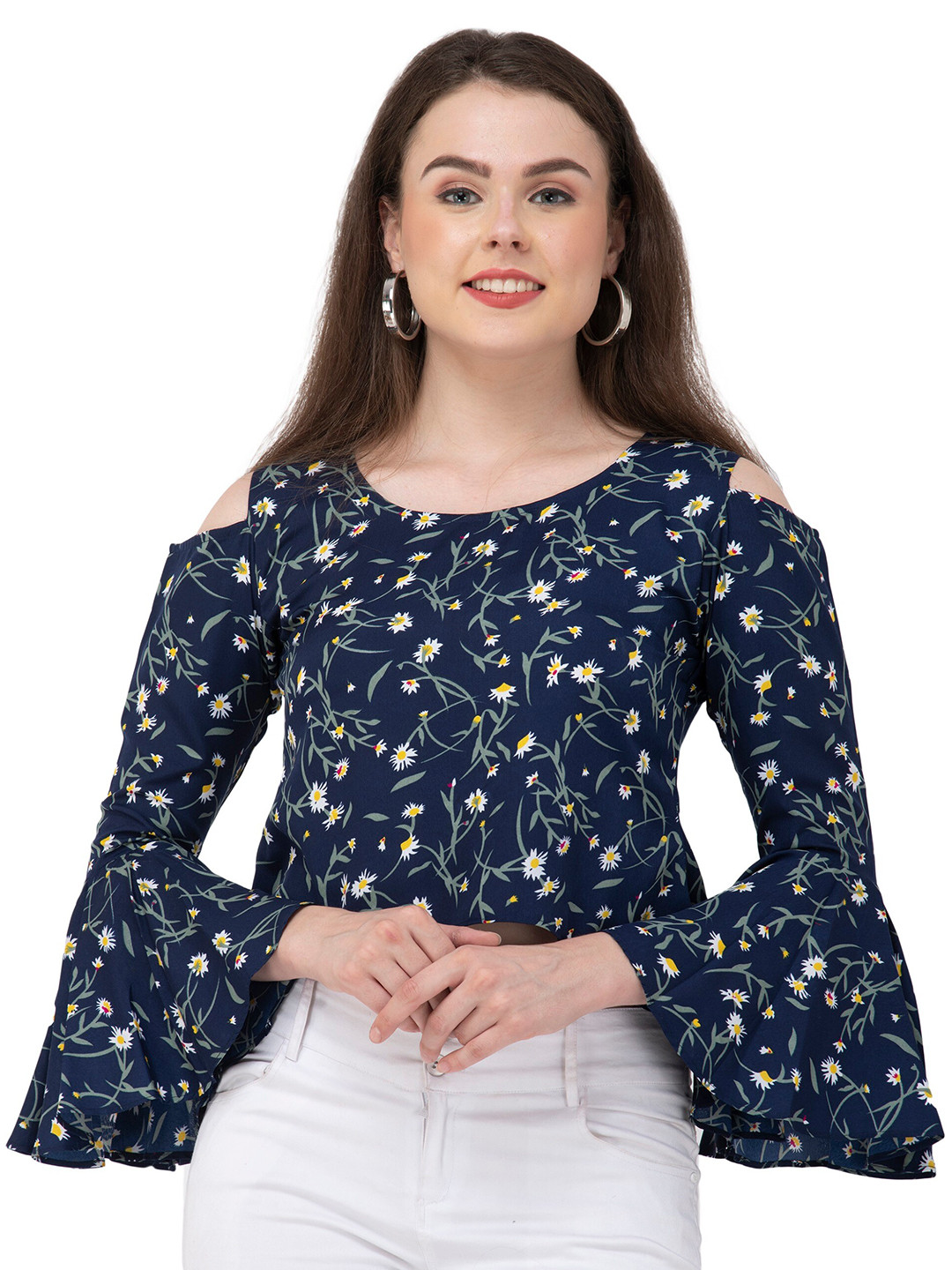 DEGE Blue & Green Floral Print Cold-Shoulder Sleeves Crop High-Low Top