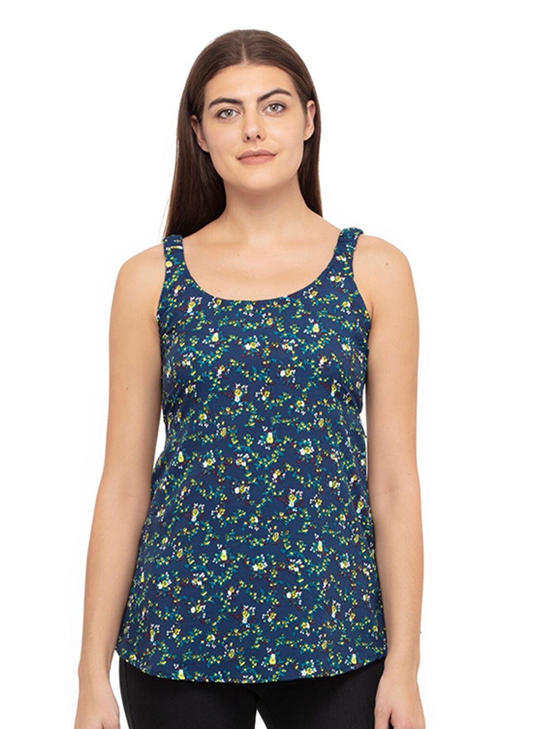 DEGE Navy Blue Floral Print Crepe Tank Top