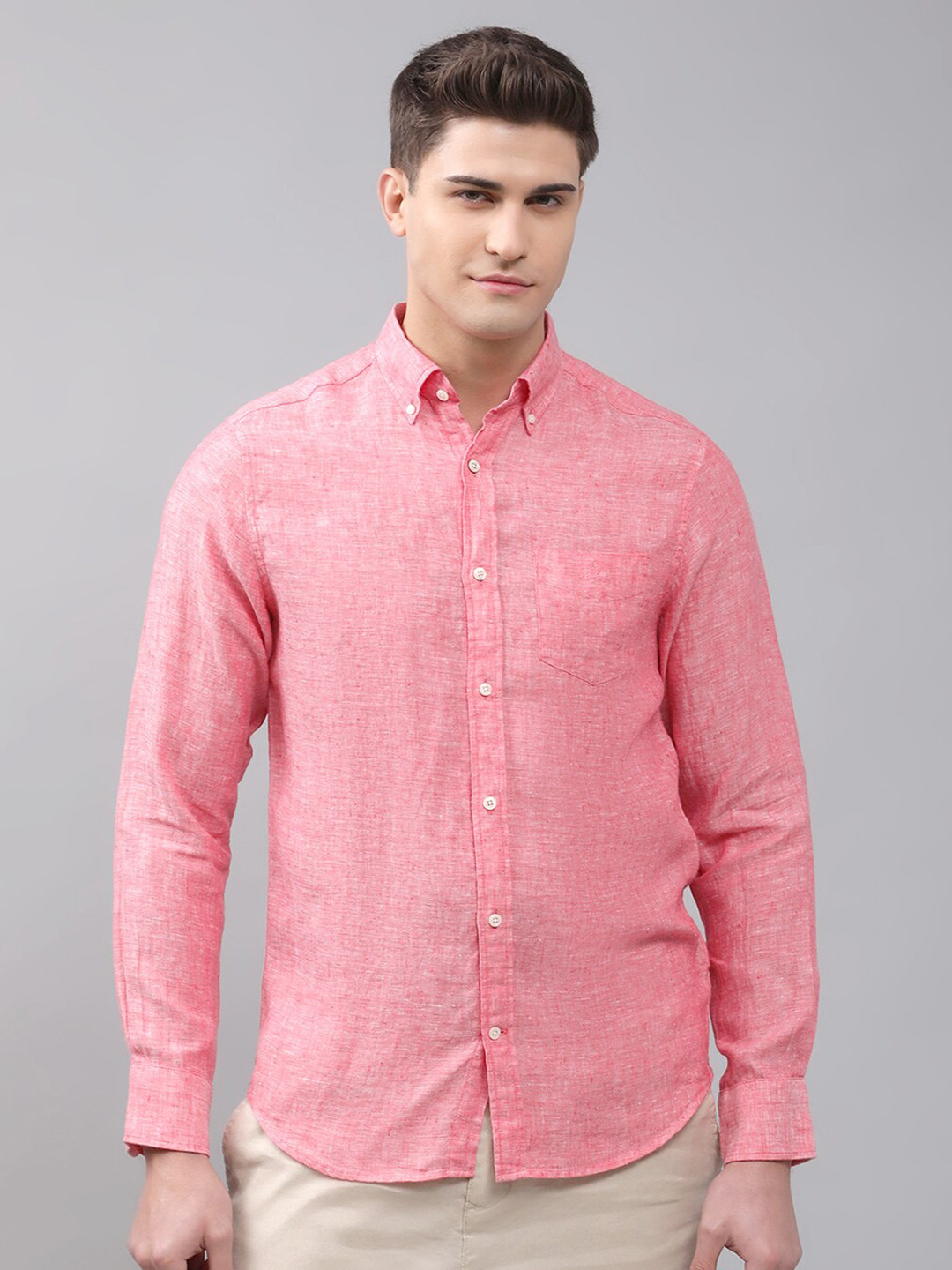 GANT Men Pink Solid Linen Casual Shirt