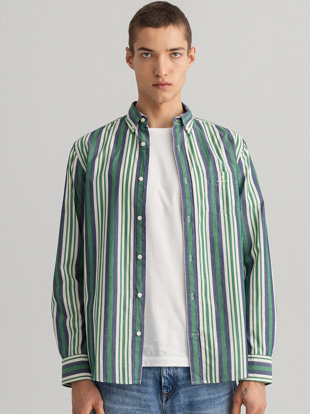 GANT Men Green Vertical Striped Button-Down Collar Cotton Casual Shirt
